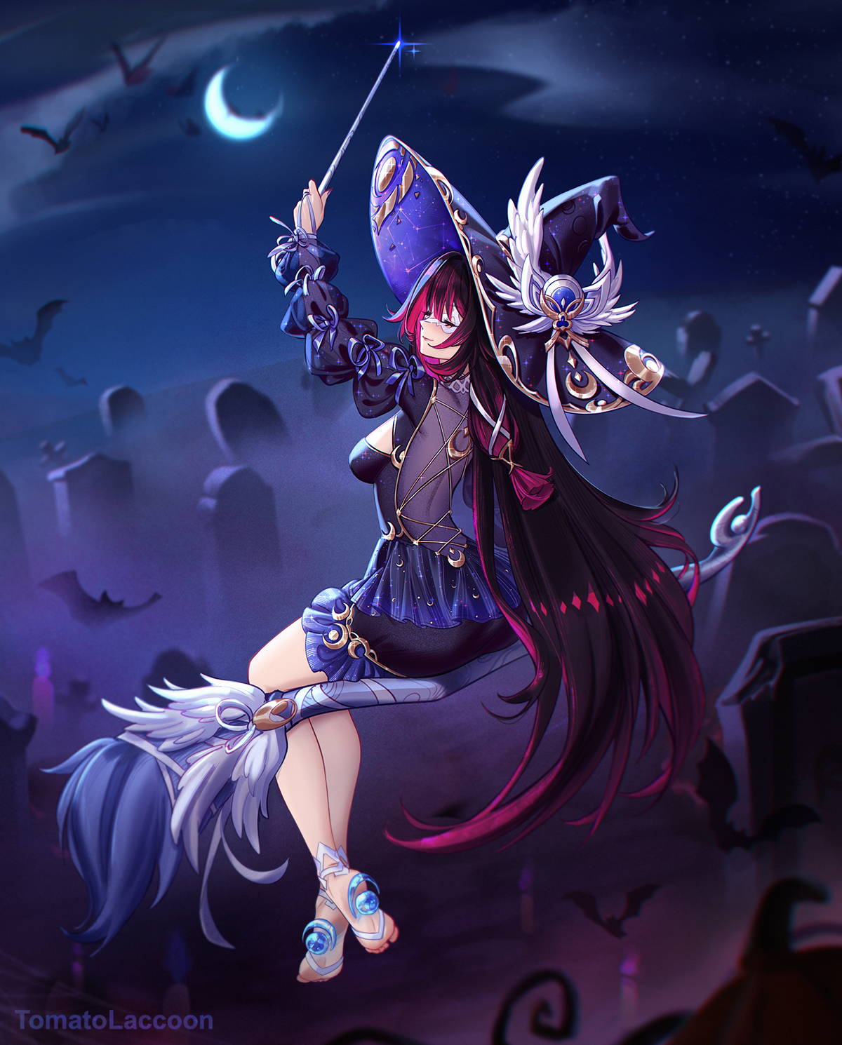 tomatolaccoon, columbina (genshin impact), genshin impact, highres, 1girl, black dress, black hair, closed eyes, dress, eye mask, hat, head wings, long hair, mask, multicolored hair, multiple wings, pink hair, streaked hair, two-tone hair, very long hair, white mask, white wings, wings, witch, witch hat, x-shaped eyewear