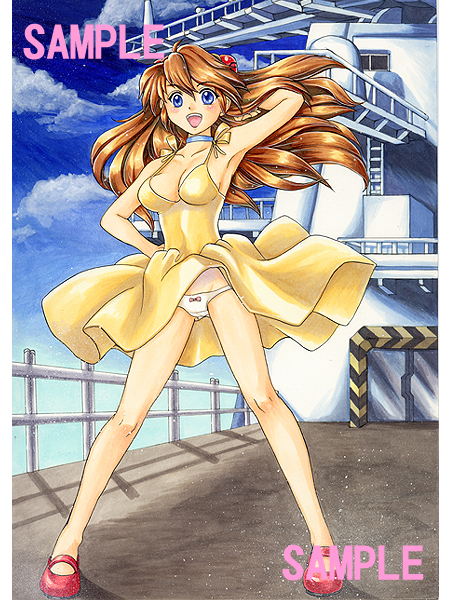 pemoko, souryuu asuka langley, neon genesis evangelion, bad id, bad pixiv id, traditional media, 1girl, blue eyes, boat, choker, day, dress, female focus, flight deck, orange hair, panties, pantyshot, sample watermark, sky, smile, solo, underwear, watercraft, watermark, white panties, wind, wind lift, yellow dress