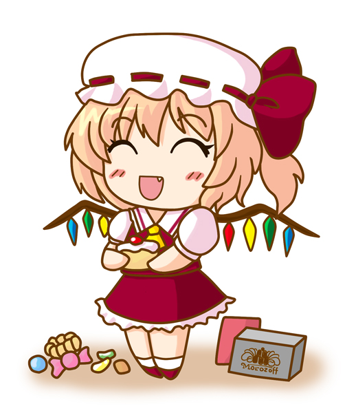 fere, ferre, flandre scarlet, touhou, 1girl, ^ ^, blonde hair, cake, candy, chibi, closed eyes, fang, female focus, food, hat, pastry, short hair, solo, wings
