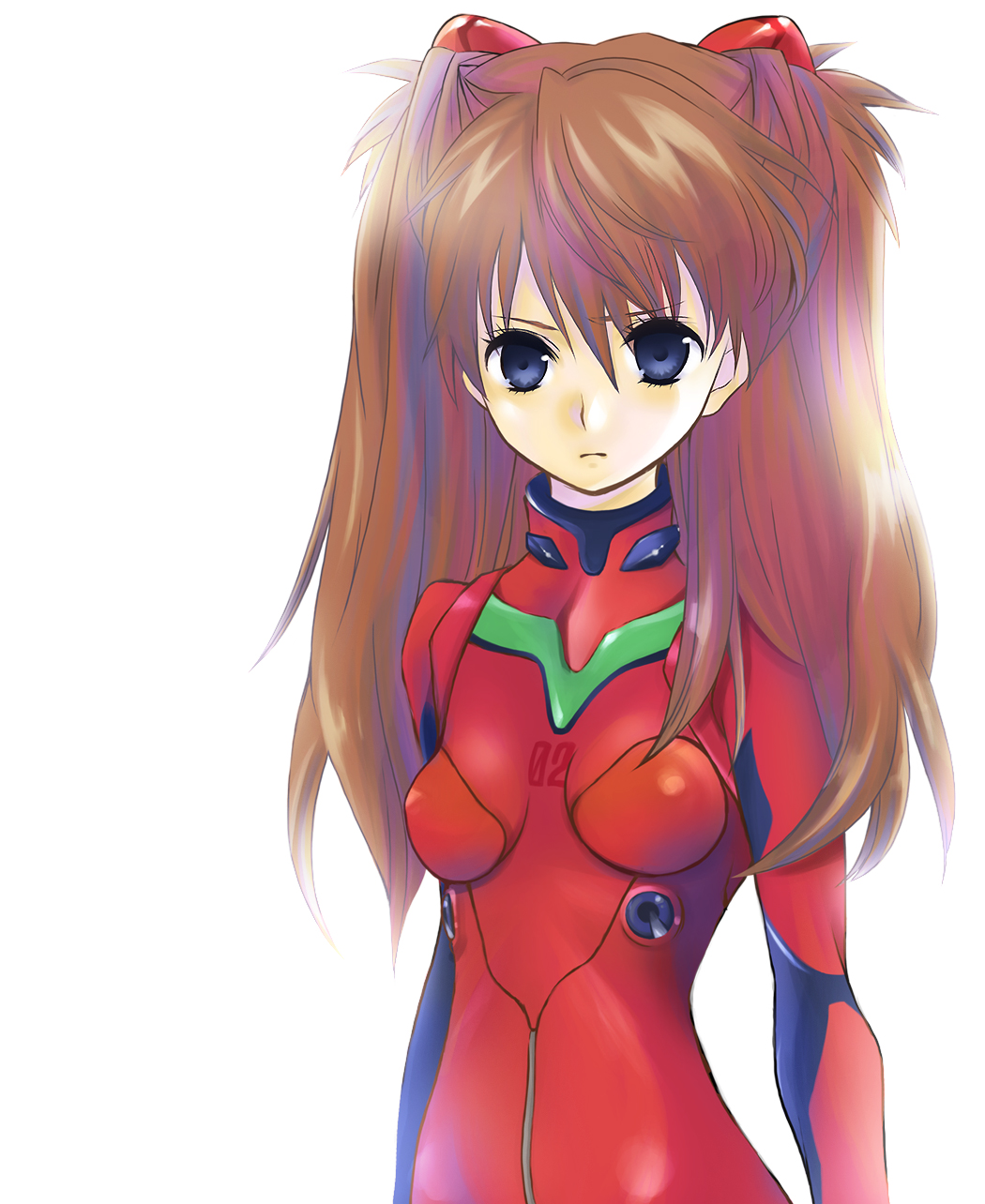wogura, souryuu asuka langley, evangelion: 2.0 you can (not) advance, neon genesis evangelion, rebuild of evangelion, bad id, bad pixiv id, highres, 00s, 1girl, arms at sides, backlighting, blue eyes, breasts, female focus, hair between eyes, hair ornament, hairclip, long hair, mecha pilot suit, parted bangs, plugsuit (evangelion), simple background, solo, two side up, white background