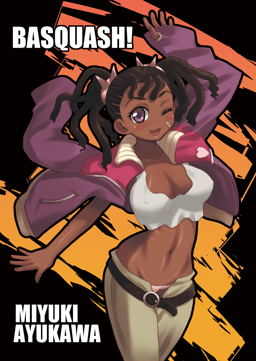 kure (beniya), kure (pixiv), ayukawa miyuki, basquash!, highres, 00s, 1girl, ;3, bandaid, bandaid on face, belt, beniya90884, breasts, cleavage, covered erect nipples, dark-skinned female, dark skin, dreadlocks, female focus, jacket, large breasts, long sleeves, midriff, one eye closed, open fly, purple eyes, solo, tank top, twintails, unzipped, very dark skin, wink