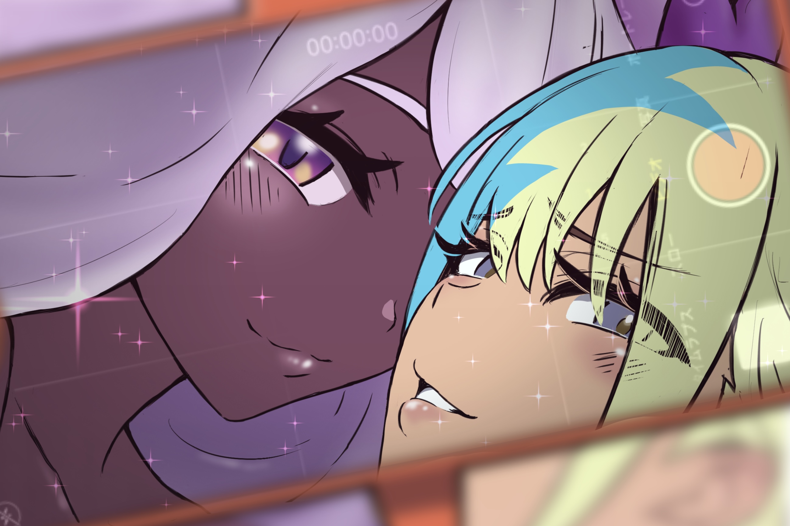 catmito1412, canari (pokemon), jacinthe (pokemon), nintendo, pokemon, pokemon legends: z-a, commentary request, highres, 2girls, blurry, blush, closed mouth, dark-skinned female, dark skin, depth of field, eyelashes, grey eyes, hair between eyes, looking at viewer, looking to the side, multicolored hair, multiple girls, phone, purple eyes, purple hair, smile, sparkle, taking picture, teeth, two-tone hair
