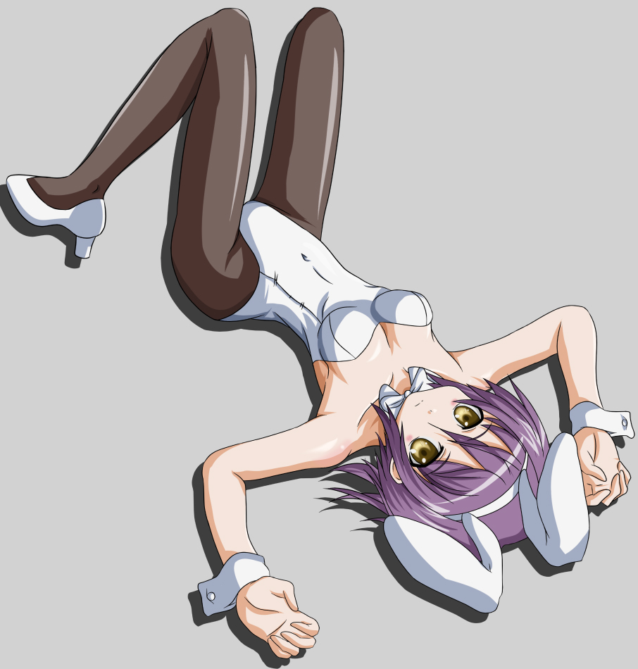 takumi (rozen garten), nagato yuki, suzumiya haruhi no yuuutsu, silver hair, 00s, 1girl, animal ears, breasts, brown eyes, fake animal ears, female focus, high heels, lying, pantyhose, playboy bunny, purple hair, rabbit ears, shoes, short hair, solo