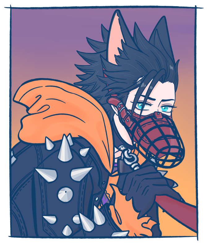105zz, zack fair, zack fair (black hound), final fantasy, final fantasy vii, final fantasy vii ever crisis, 1boy, animal collar, animal ears, aqua eyes, black gloves, black hair, border, claws, collar, dog ears, everyone, gloves, gradient background, hair slicked back, holding, holding leash, hood, hoodie, jacket over hoodie, leash, looking at viewer, male focus, muzzle (mask), official alternate costume, orange hoodie, sideburns, solo, spiked jacket, upper body, white border