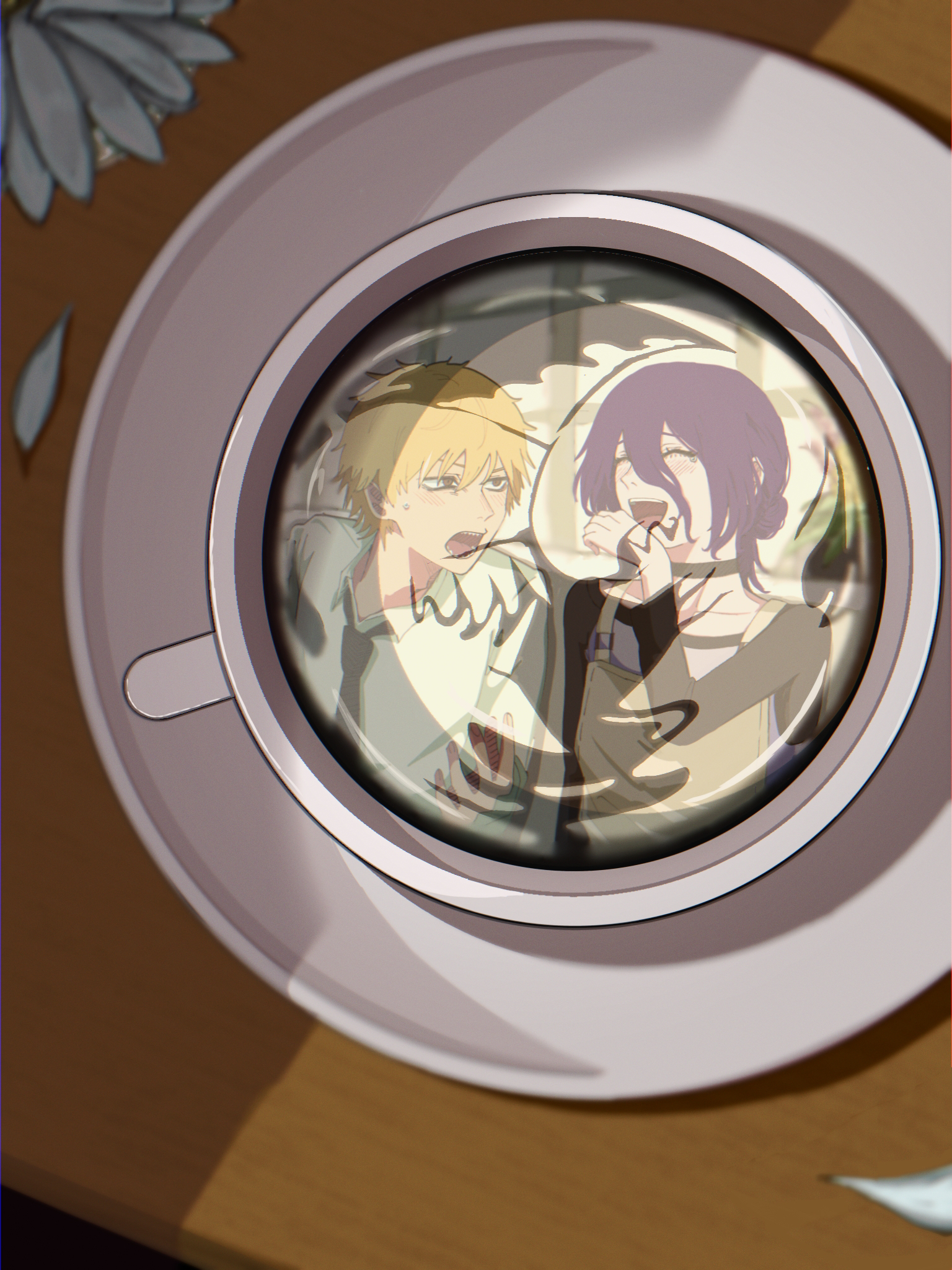 user traa3358, denji (chainsaw man), reze (chainsaw man), chainsaw man, commentary request, highres, apron, black choker, black necktie, blonde hair, choker, closed eyes, coffee, coffee mug, cup, drink, flower, grey apron, hair between eyes, hair bun, mug, necktie, open mouth, purple hair, reflection, reflection focus, saucer, shirt, table, white flower, white shirt