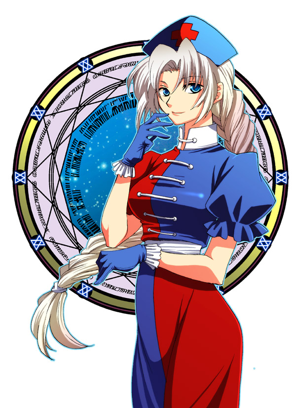 mgk968, yagokoro eirin, touhou, 1girl, blue hat, dress, female focus, gloves, grey hair, hat, long hair, ribbon, smile, solo, star (sky), star (symbol), two-tone dress