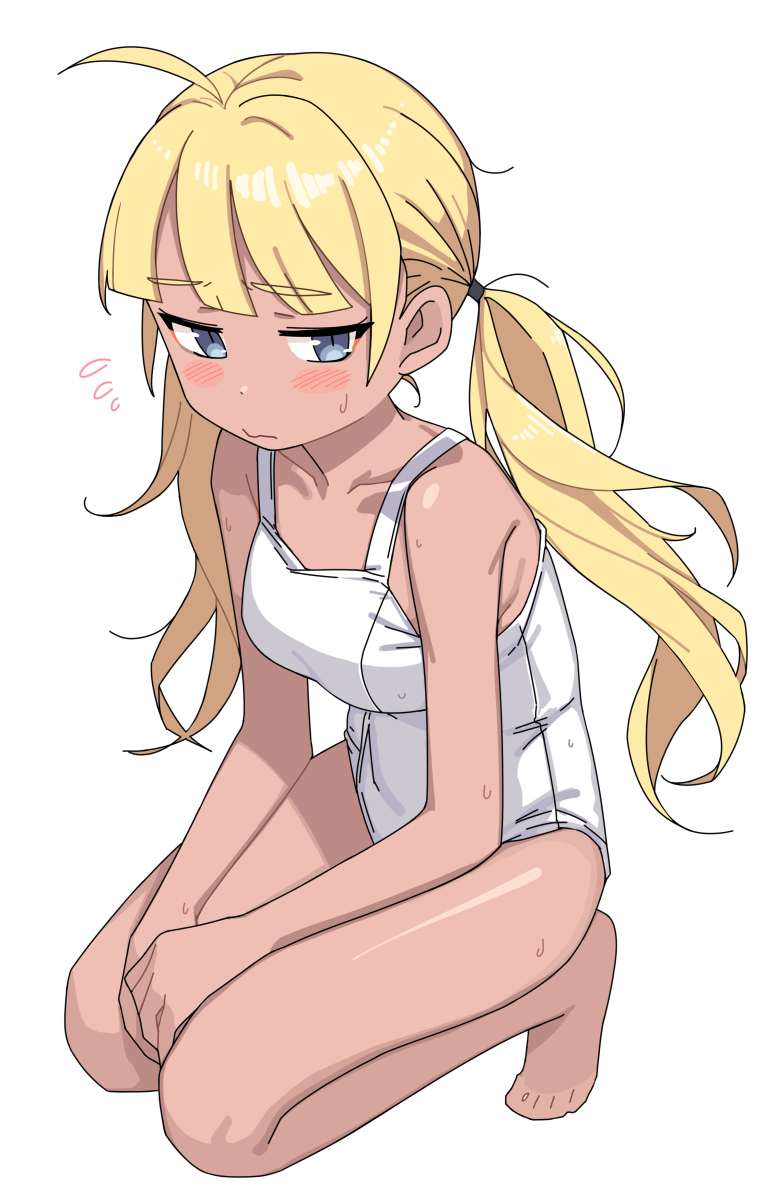 saiste, original, highres, 1girl, ahoge, barefoot, blonde hair, blue eyes, blush, breasts, embarrassed, expressionless, full body, kneeling, long hair, looking at viewer, medium breasts, one-piece swimsuit, school swimsuit, solo, swimsuit, tan, twintails, wet, white one-piece swimsuit