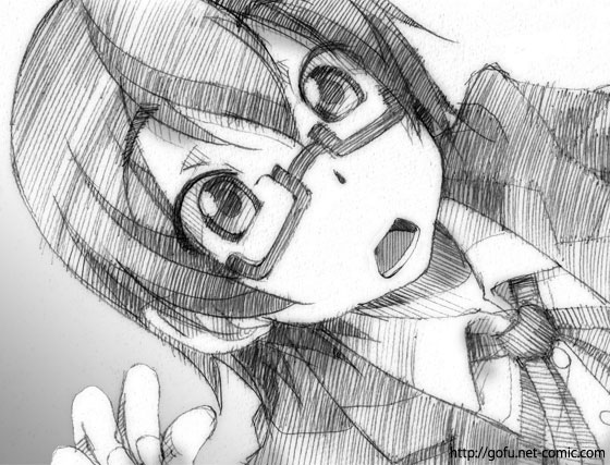 gofu, manabe nodoka, k-on!, traditional media, 00s, 1girl, female focus, glasses, gradient background, greyscale, monochrome, school uniform, sketch, solo