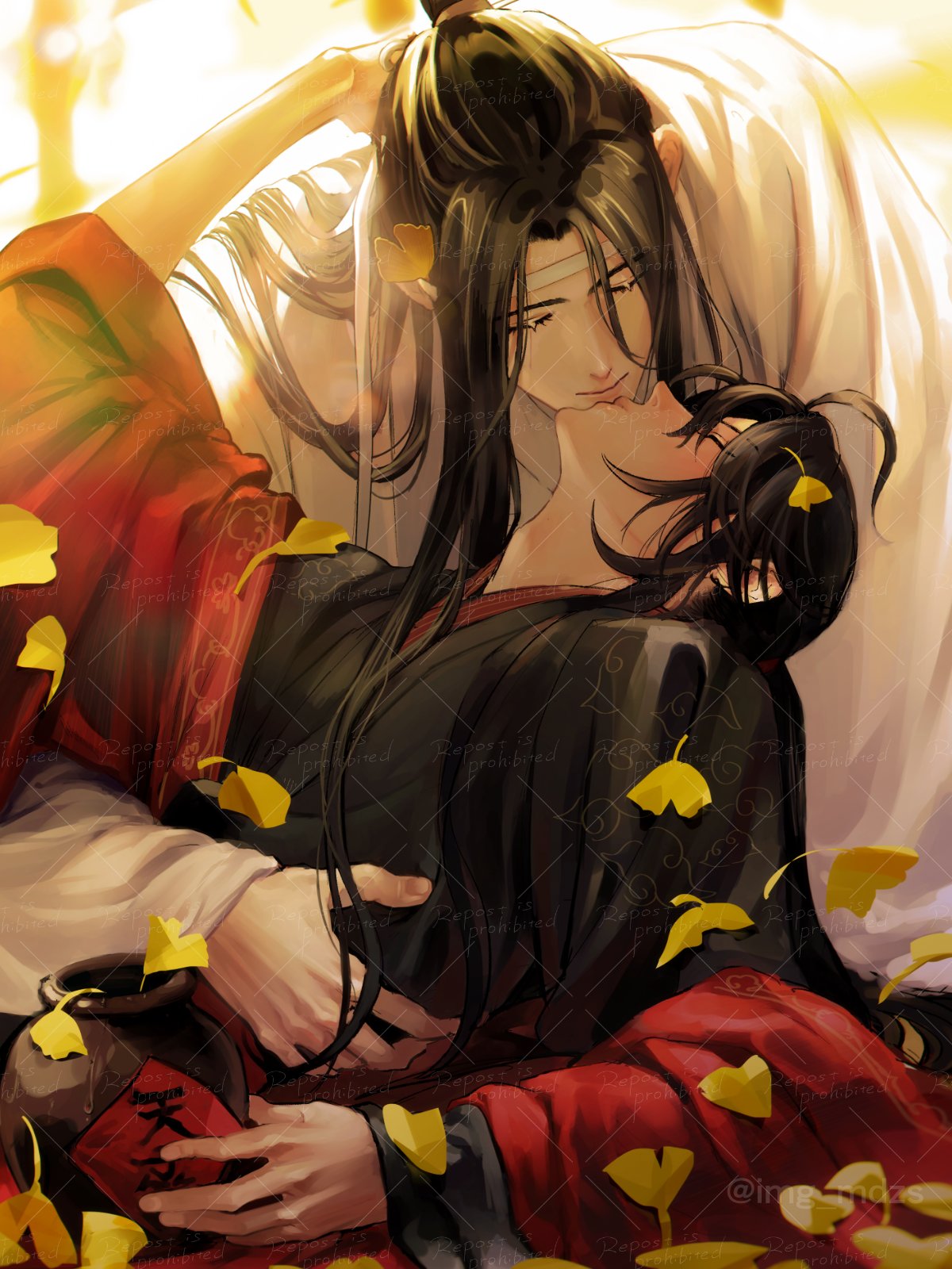 actcat3, lan wangji, wei wuxian, wei wuxian (yiling laozu), modao zushi, highres, 2boys, ahoge, alcohol, bishounen, black hair, black hanfu, blurry, blurry background, blush, chinese clothes, closed eyes, closed mouth, coat, couple, falling leaves, ginkgo leaf, hair down, hair ribbon, half updo, hand on another's head, hand on another's waist, hanfu, headband, holding jug, hug, hug from behind, jug (bottle), kiss, leaf, long hair, long sleeves, lying, male focus, multiple boys, off shoulder, official alternate costume, official alternate hairstyle, on back, open clothes, open coat, red coat, red ribbon, red sash, ribbon, robe, sash, sidelocks, sitting, smile, sunlight, topknot, twitter username, upper body, watermark, watermark grid, white hanfu, white headband, wide sleeves, yaoi