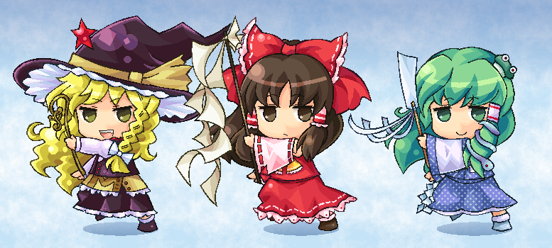 pote (ptkan), hakurei reimu, kirisame marisa, kochiya sanae, touhou, 3girls, blonde hair, braid, brown eyes, brown hair, chibi, detached sleeves, female focus, frog, gohei, green eyes, green hair, hat, japanese clothes, miko, multiple girls, oonusa, pixel art, short hair, snake, staff, witch, witch hat, yellow eyes