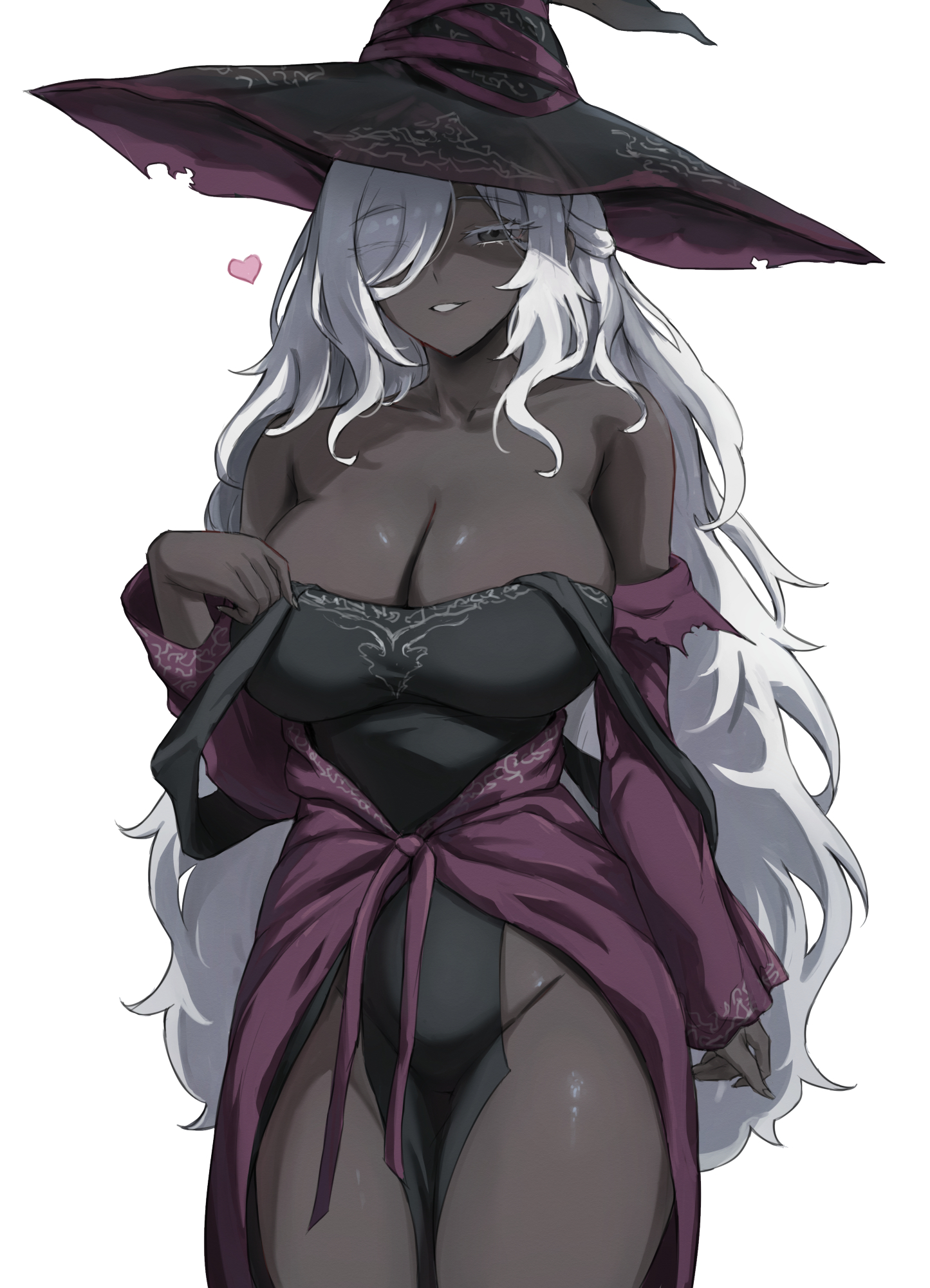 fangs (fangs art), recluse (elden ring), elden ring, highres, 1girl, black dress, breasts, dark-skinned female, dark skin, dress, feet out of frame, hair over one eye, hat, heart, large breasts, long hair, looking at viewer, simple background, smile, solo, standing, very dark skin, white background, white hair, witch, witch hat