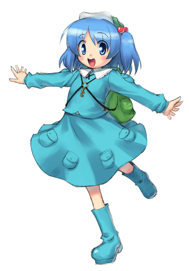kanno, kawashiro nitori, touhou, 1girl, backpack, bag, blue eyes, blue hair, boots, child, female focus, full body, hair bobbles, hair ornament, hat, key, randoseru, short hair, simple background, solo, standing, twintails, two side up, white background