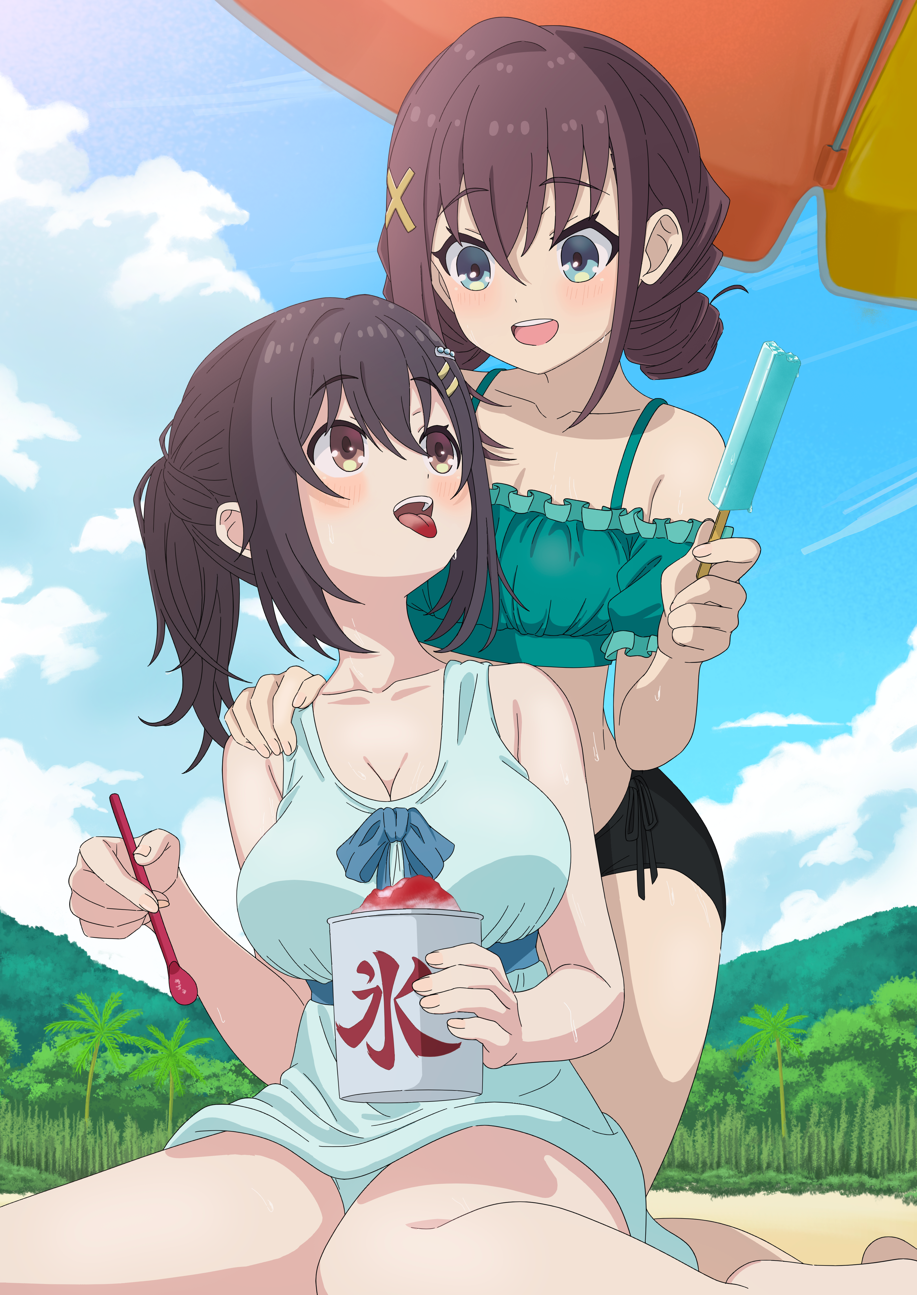 furutachi kurea, kawai mako, hibi wa sugiredo meshi umashi, absurdres, commentary, highres, 2girls, aqua bikini, bare legs, bare shoulders, bikini, black hair, blue dress, blue eyes, blue ribbon, blue sky, blush, breasts, brown eyes, brown hair, cleavage, cloud, collarbone, colored tongue, double bun, dress, dress swimsuit, drinking straw, food, frilled bikini, frills, hair bun, hair ornament, hairclip, hand on another's shoulder, holding, holding drinking straw, holding food, holding popsicle, holding shaved ice, large breasts, looking at another, mismatched bikini, mountain, multiple girls, obashiso, open mouth, outdoors, palm tree, parallel hairclips, parasol, ponytail, popsicle, ribbon, sand, shaved ice, sidelocks, sitting, sky, small breasts, string bikini, sweat, swimsuit, teeth, tongue, tongue out, tree, umbrella, upper teeth only, waist ribbon, wariza, x hair ornament