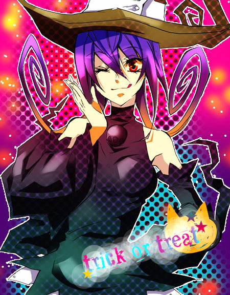 tsukumi (tkmillust), blair (soul eater), soul eater, bad id, bad pixiv id, 00s, 1girl, curly hair, detached sleeves, female focus, hat, one eye closed, purple hair, solo, tongue, wink, witch hat