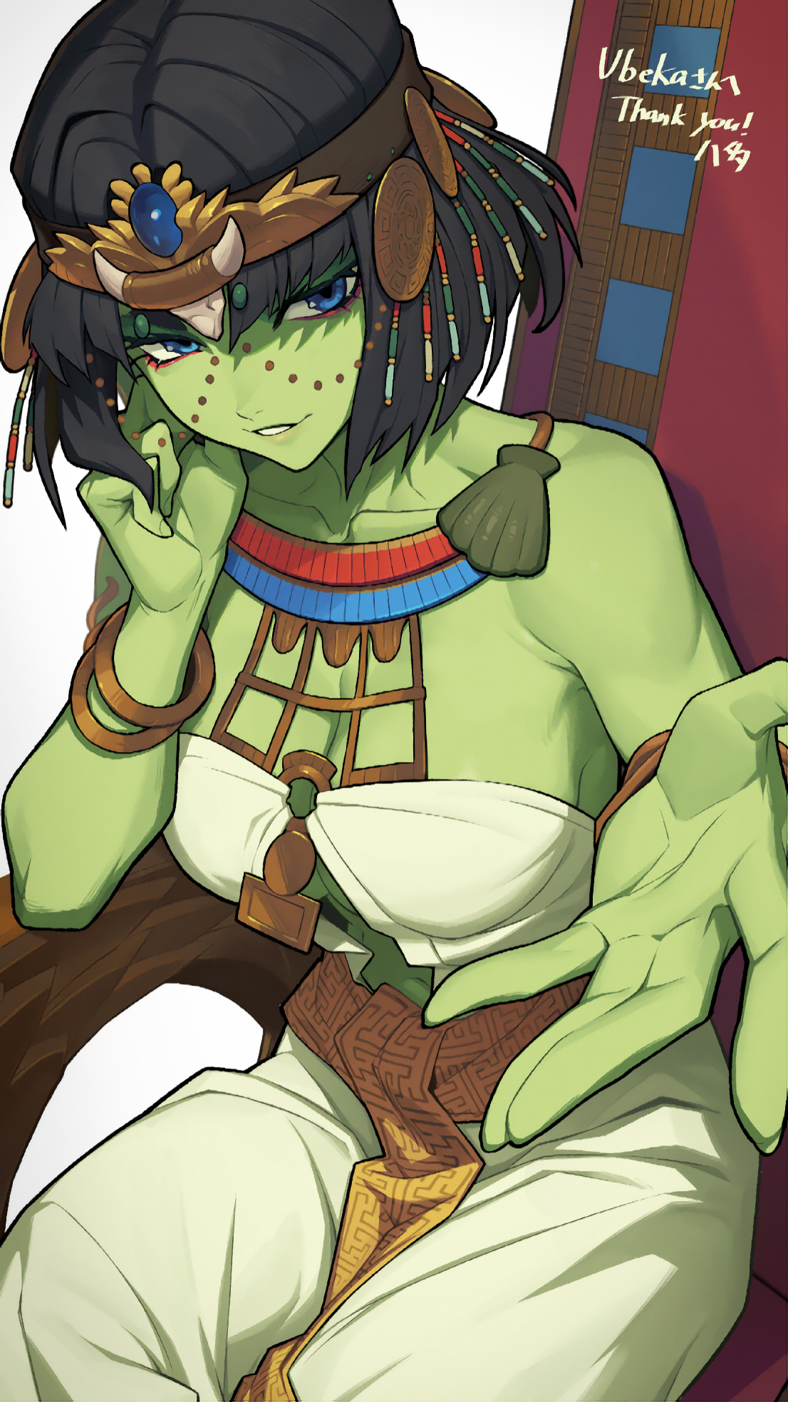 hata4564, original, commission, highres, skeb commission, 1girl, bangle, black hair, blue eyes, bracelet, breasts, center opening, chair, cleavage, colored skin, elbow rest, eyeliner, green skin, grin, hand on own cheek, hand on own face, head rest, headdress, jewelry, looking at viewer, makeup, medium breasts, midriff peek, navel, reaching, reaching towards viewer, red eyeliner, sash, short hair, simple background, sitting, smile, solo, waist sash, white background, yellow sash