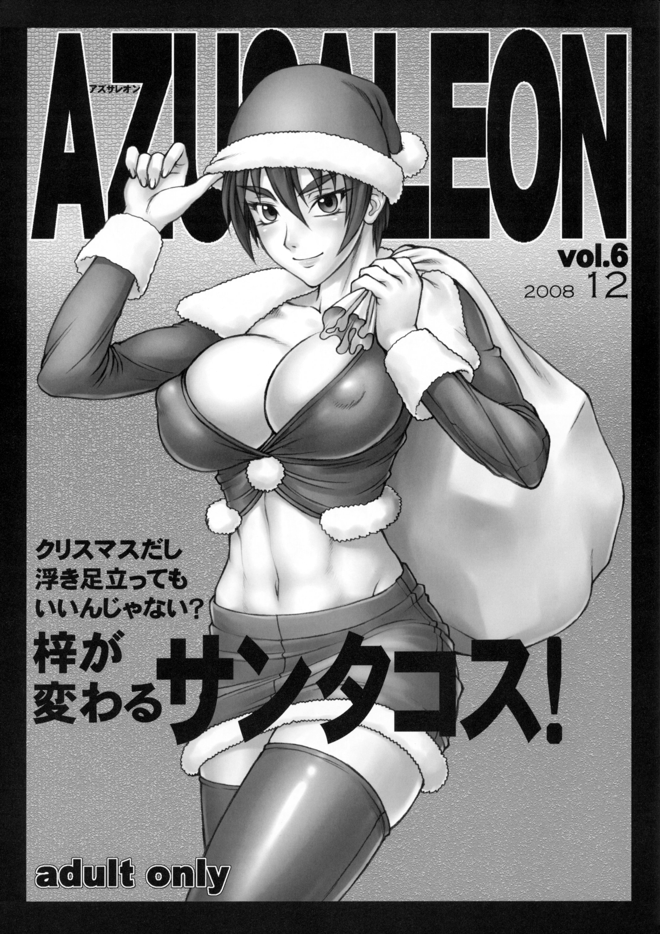 bang-you, absurdres, highres, abs, bag, breasts, christmas, cleavage, cover, covered erect nipples, crop top, greyscale, hat, large breasts, midriff, miniskirt, monochrome, sack, santa hat, short hair, skirt, smile, solo, thighhighs, zettai ryouiki