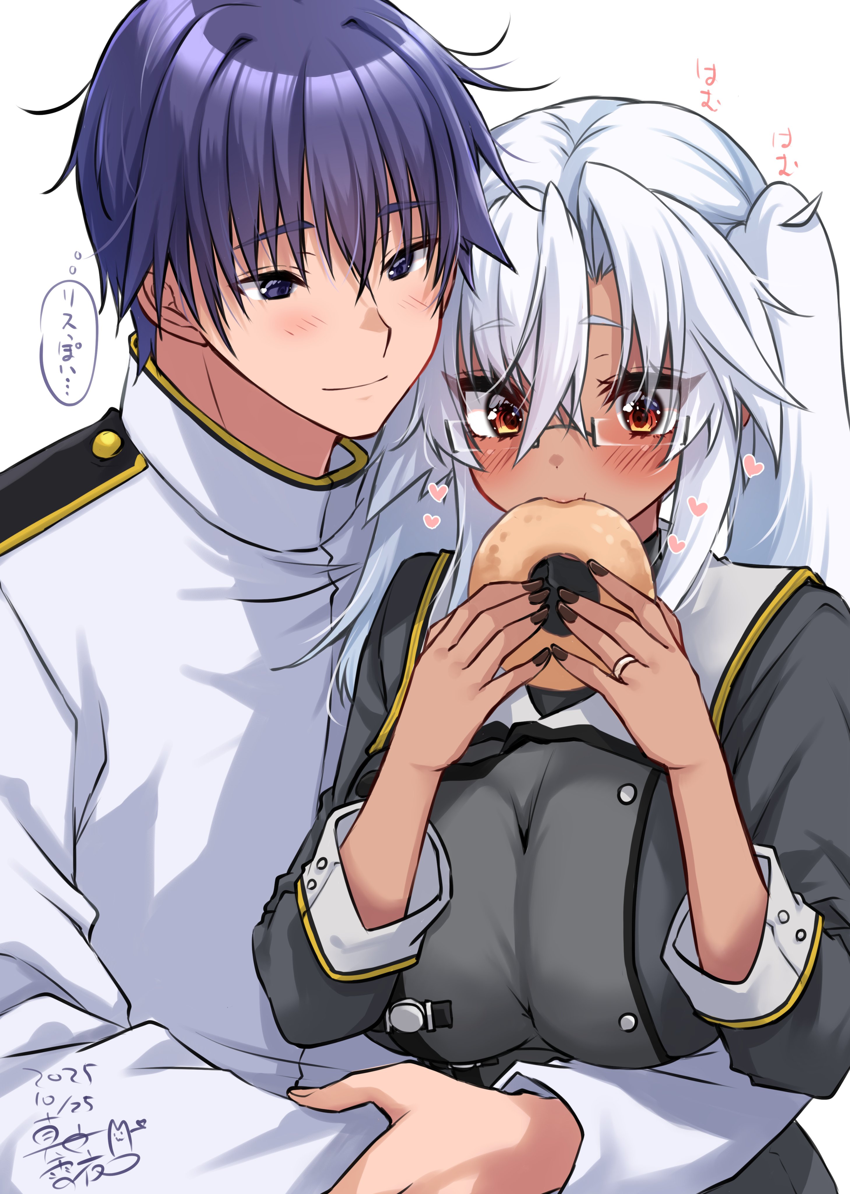 mashiro yukiya, admiral (kancolle), musashi (kancolle), musashi kai ni (kancolle), kantai collection, absurdres, highres, 1boy, 1girl, blue hair, breasts, buttons, couple, dark-skinned female, dark skin, double-breasted, eating, food, grey-framed eyewear, grey shirt, medium breasts, military uniform, naval uniform, red hair, senbei, shirt, short hair, twintails, upper body
