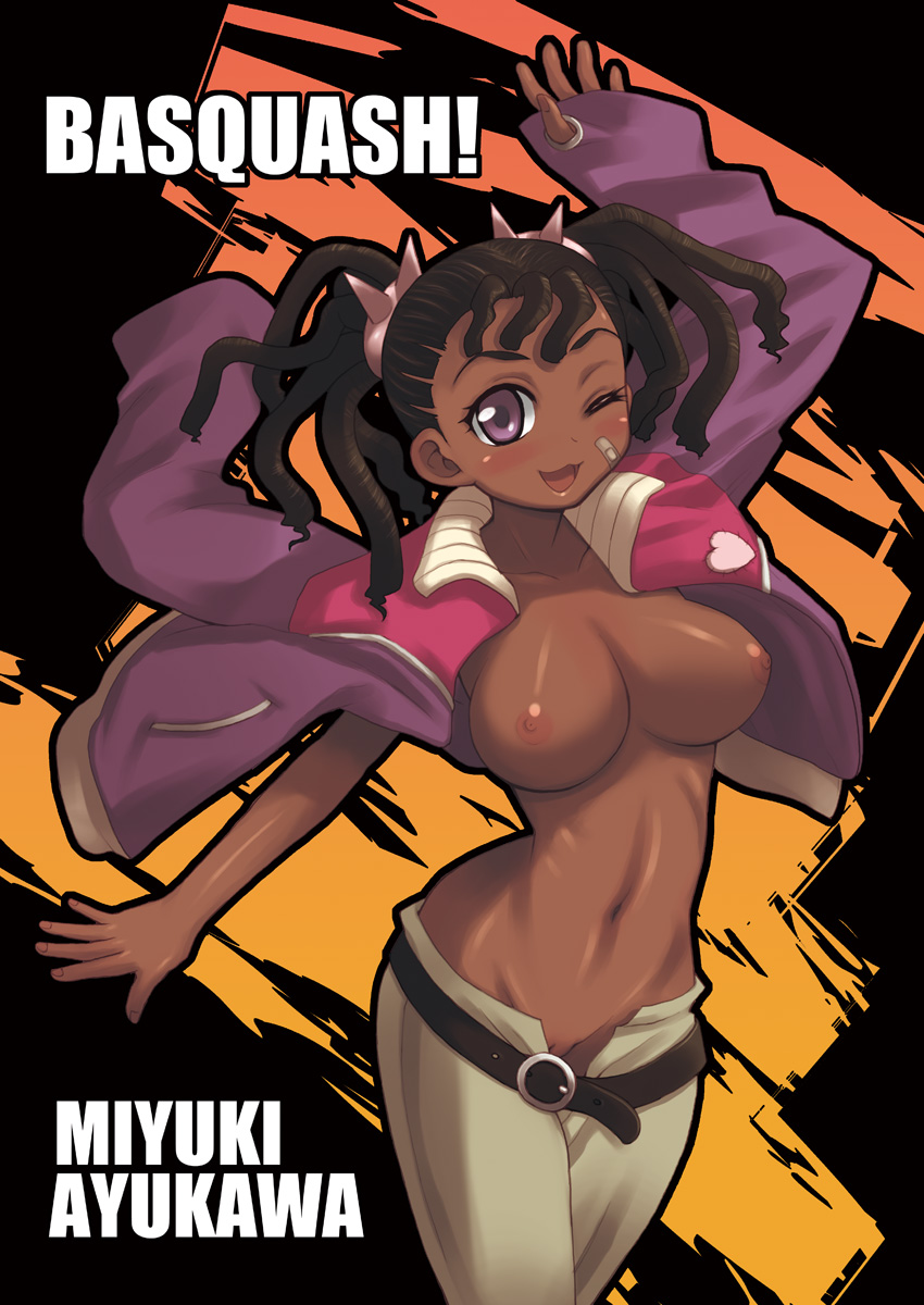 kure (beniya), kure (pixiv), ayukawa miyuki, basquash!, duplicate, highres, 00s, 1girl, ;3, bandaid, bandaid on face, belt, blush, breasts, dark-skinned female, dark skin, dreadlocks, female focus, jacket, large breasts, navel, nipples, no panties, one eye closed, purple eyes, pussy, pussy peek, solo, topless female, twintails, uncensored, very dark skin, wink