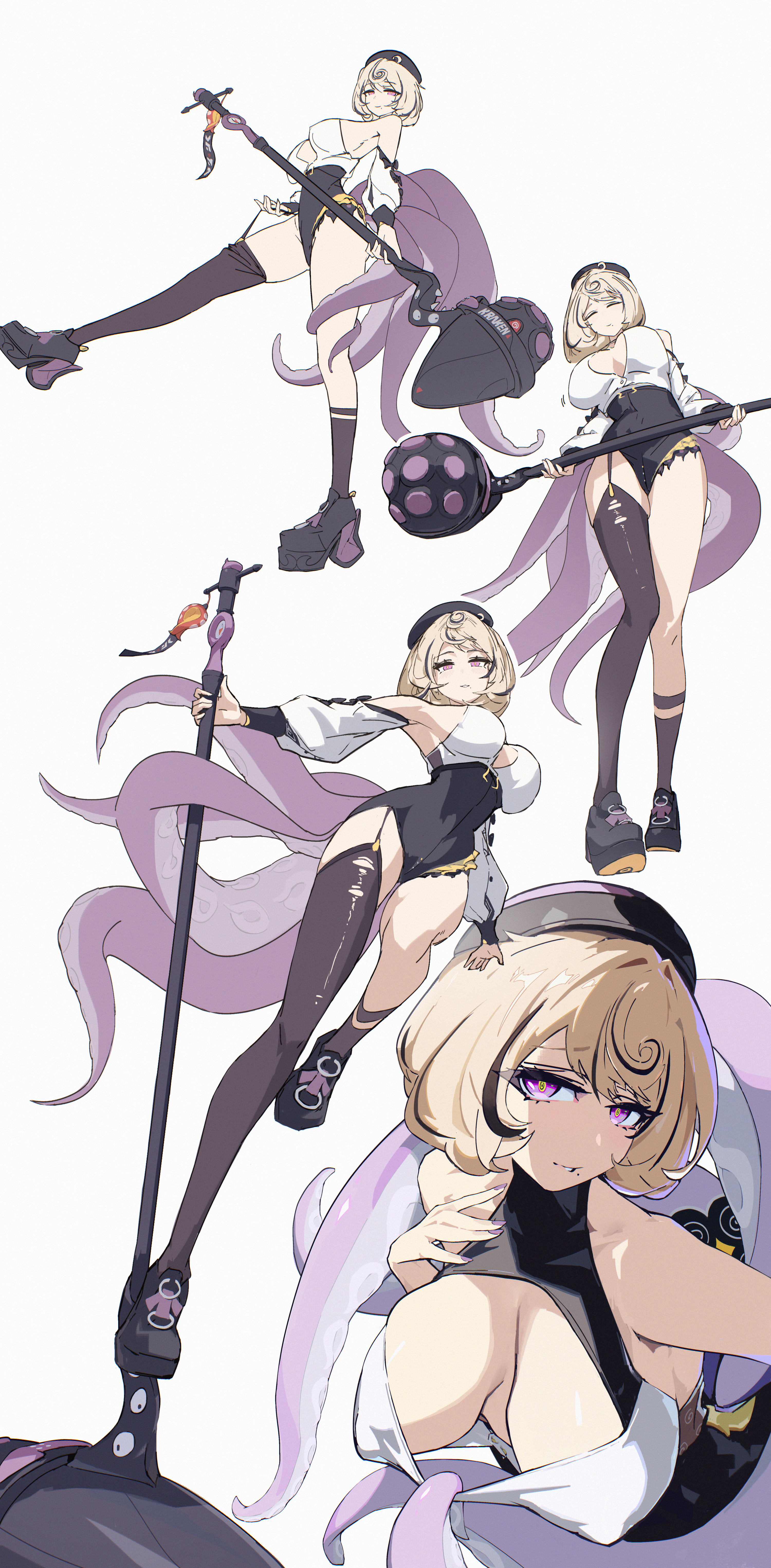 rimeye, yidhari murphy, zenless zone zero, absurdres, highres, 1girl, beret, black hair, black hat, black leotard, black shoes, black thighhighs, blonde hair, breasts, cleavage, closed mouth, hammer, hat, holding, holding hammer, large breasts, leotard, looking at viewer, mole, mole under mouth, monster girl, multicolored hair, purple eyes, scylla, shirt, shoes, short hair, sleeveless, sleeveless shirt, smile, solo, streaked hair, tentacle girl, tentacles, thighhighs, white shirt