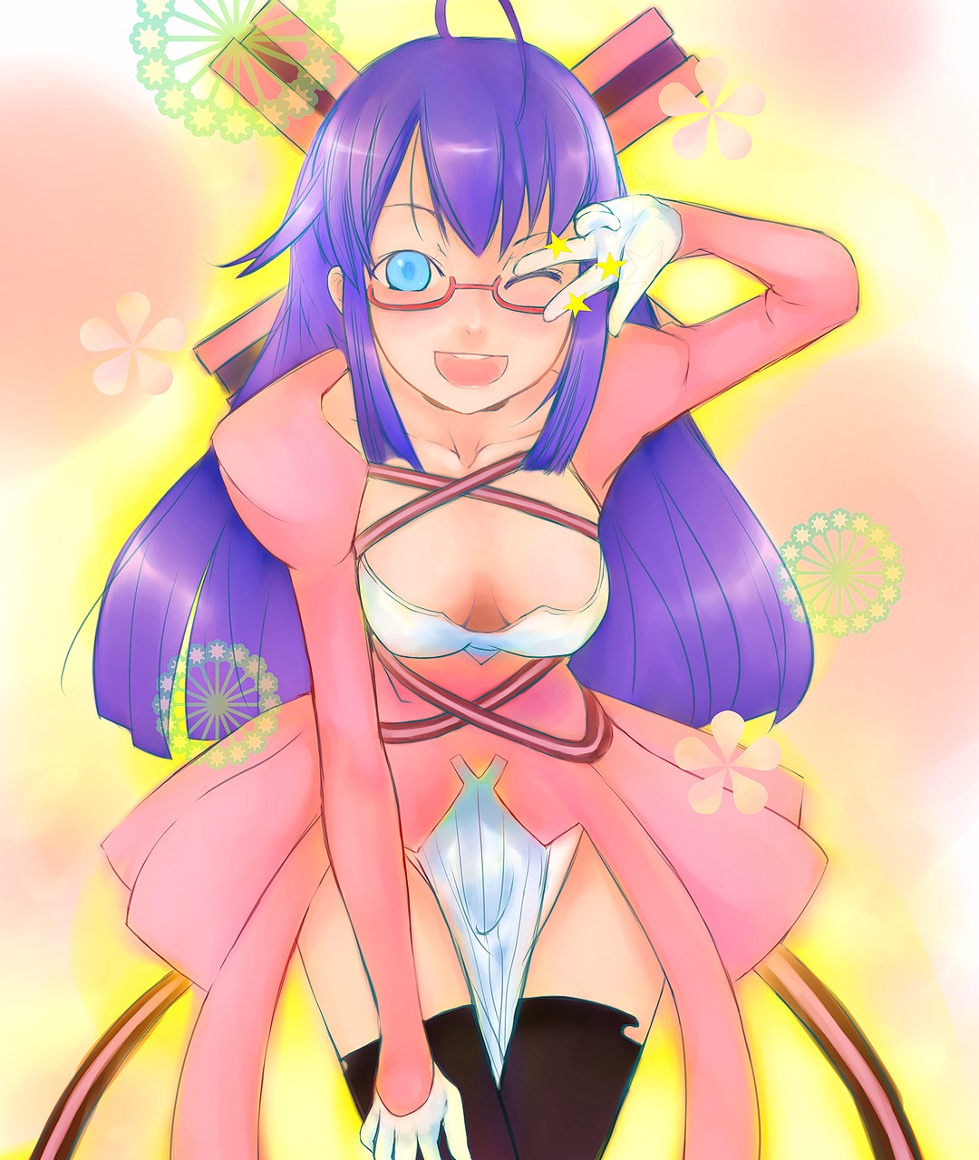 yoyoyo, yummy yoi, komaki midori, devil survivor (series), devil survivor 1, bad id, bad pixiv id, highres, 1girl, aqua eyes, bent over, black thighhighs, blue hair, breasts, cleavage, downblouse, dress, female focus, glasses, gloves, hair ornament, laughing, long hair, one eye closed, purple hair, ribbon, smile, solo, star (symbol), thighhighs, v, wink
