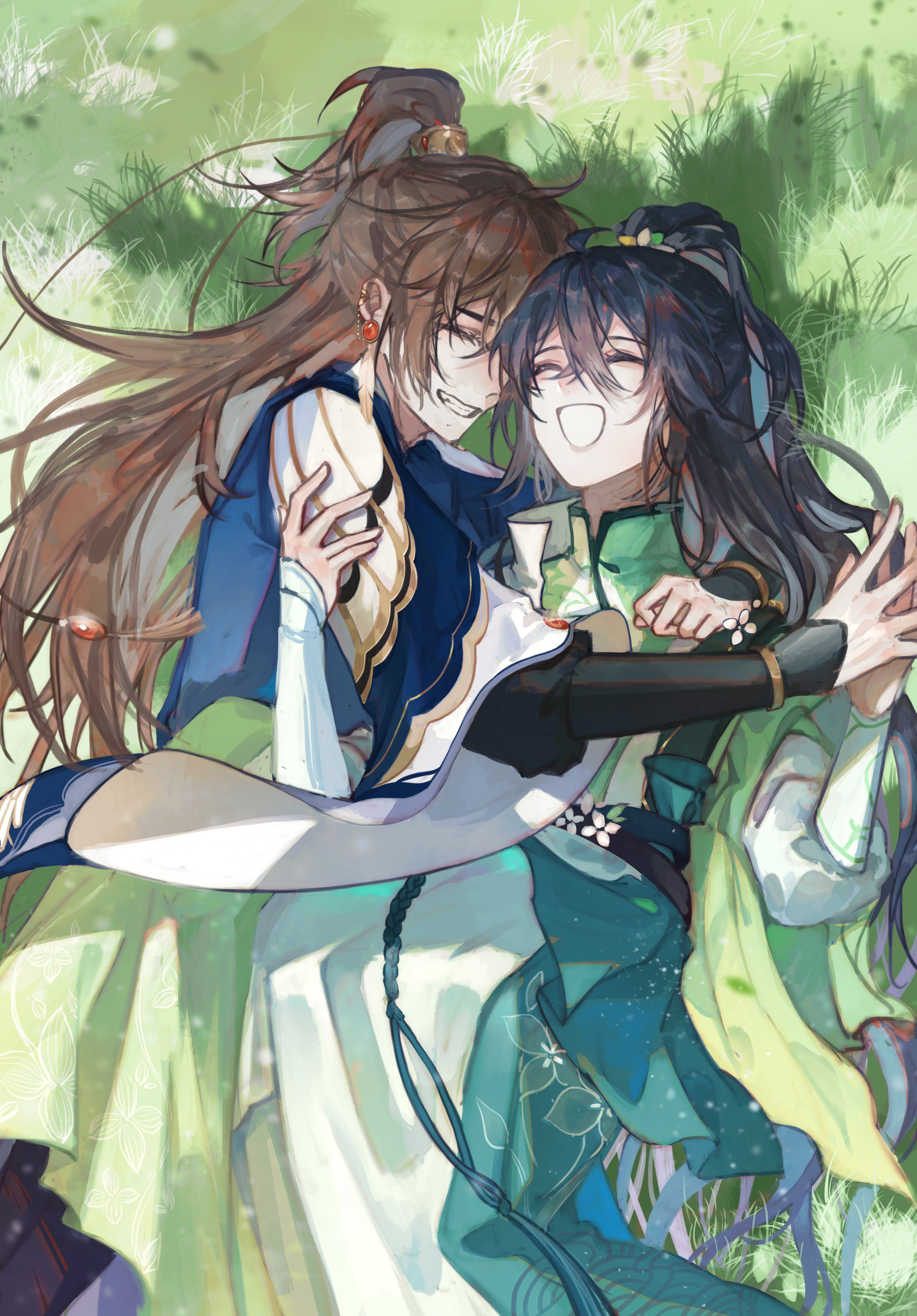 hua yi shanxin zhiyue, absurdres, chinese commentary, highres, 2boys, :d, ^ ^, ahoge, arm around shoulder, arm guards, black boots, black hair, black sash, black shirt, blue hanfu, boots, brown hair, chinese clothes, closed eyes, crossed bangs, day, ear chain, earrings, feather earrings, feathers, feet out of frame, floral print, flower, green hanfu, grin, hair between eyes, hair flower, hair ornament, hair tubes, half updo, hand on another's arm, hanfu, high ponytail, hug, jewelry, ji yuanqi, layered sleeves, linked piercing, long hair, long sleeves, lying, male focus, multiple boys, on back, on grass, on side, open mouth, palms together, piercing, ponytail, sash, shadow, shirt, shiyue950, smile, tassel, the prince (hua yi shanxin zhiyue), waist sash, white shirt, wide sleeves, yaoi