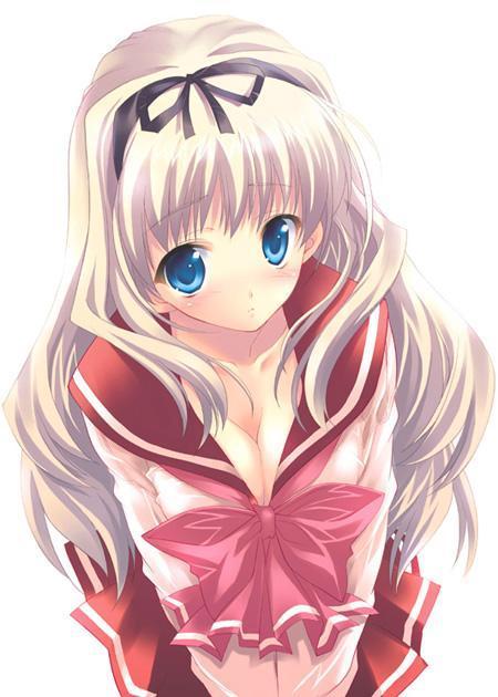 blue eyes, blush, breasts, cleavage, grey hair, hair ribbon, kneeling, long hair, ribbon