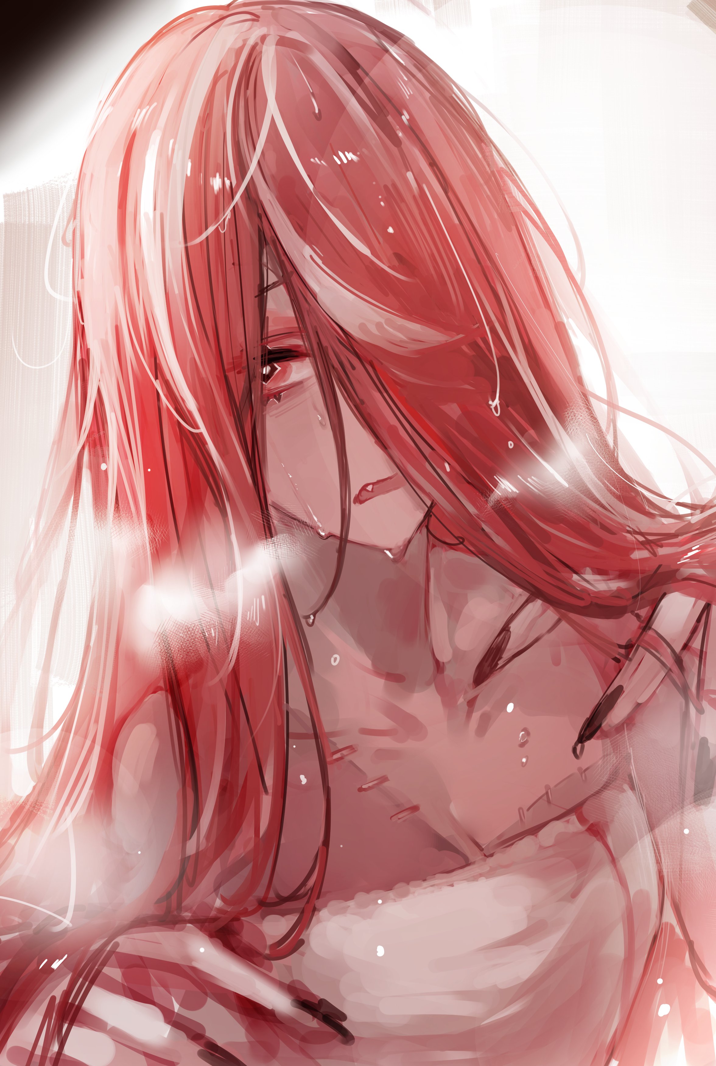 dokuro deluxe, kureiji ollie, hololive, hololive indonesia, absurdres, commentary, highres, 1girl, black nails, breasts, cleavage, collarbone, hair over one eye, long hair, looking at viewer, multicolored hair, nail polish, naked towel, one eye covered, open mouth, red eyes, red hair, solo, steam, stitched chest, streaked hair, towel, upper body, virtual youtuber, wet, wet hair, white hair