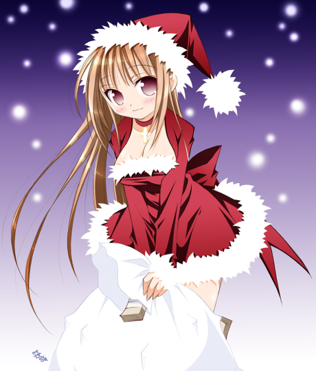 artist request, character request, blonde hair, blush, breasts, brown eyes, choker, cleavage, hat, long hair, santa costume, santa hat, smile, snow