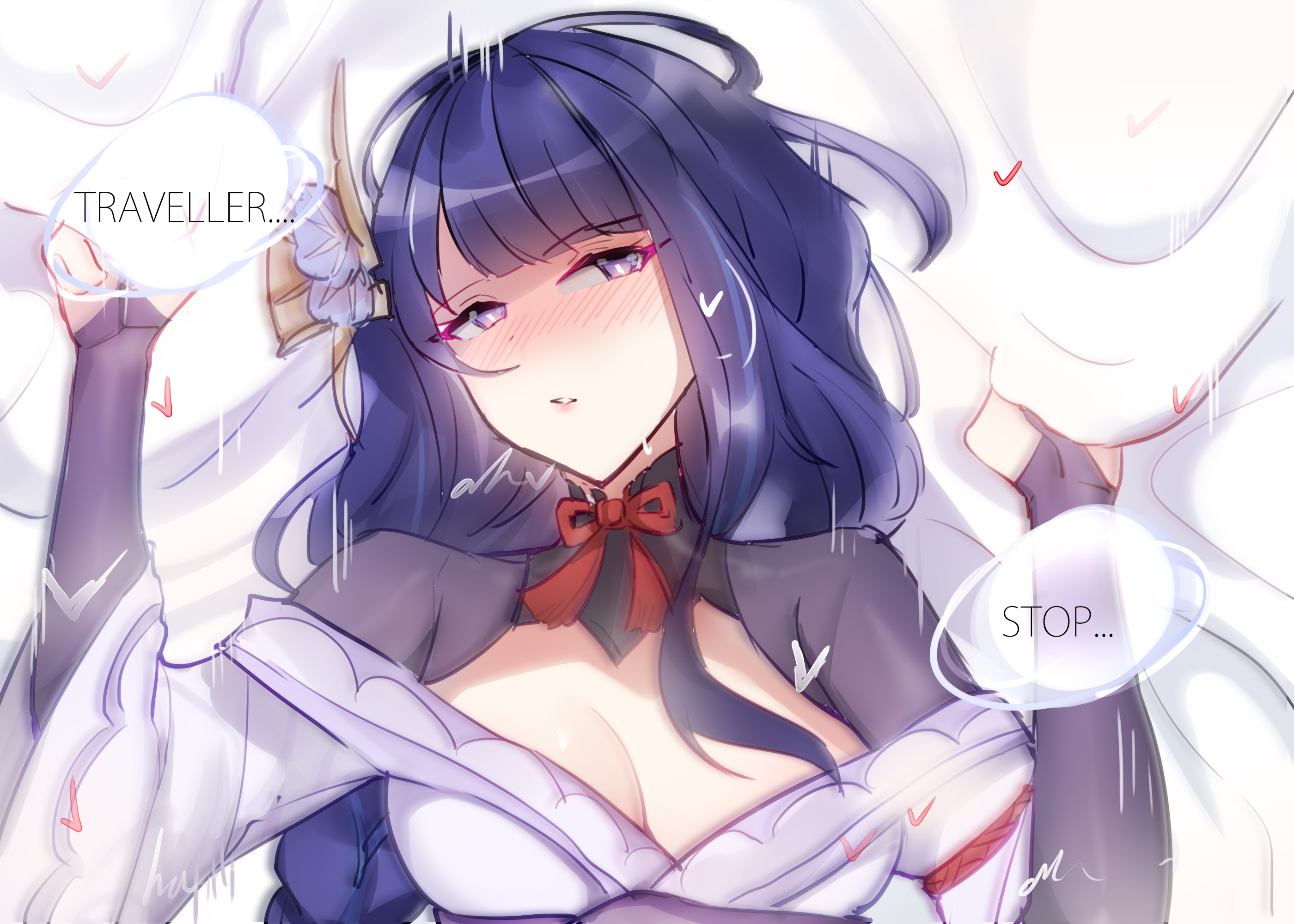 sanzashizu, raiden shogun, genshin impact, commentary, english commentary, highres, 1girl, asymmetrical sleeves, bed sheet, blunt bangs, blunt ends, blush, braid, breasts, bridal gauntlets, cleavage, english text, flower, flower ornament, from above, hair ornament, head tilt, heart, huge breasts, implied sex, japanese clothes, kimono, long braid, long hair, looking to the side, looking up, lying, multicolored hair, neck ribbon, no mole, nose blush, off shoulder, on back, on bed, parted lips, pov, purple eyes, purple flower, purple kimono, red ribbon, ribbon, sash, shade, shaded face, sheet grab, single braid, solo, speech bubble, streaked hair, uneven sleeves, upper body, wide sleeves