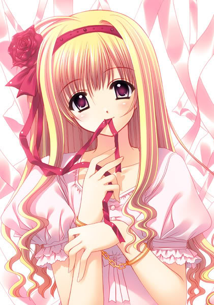blonde hair, blush, bow, flower, frills, hair bow, hair ribbon, long hair, mouth hold, purple eyes, ribbon, rose