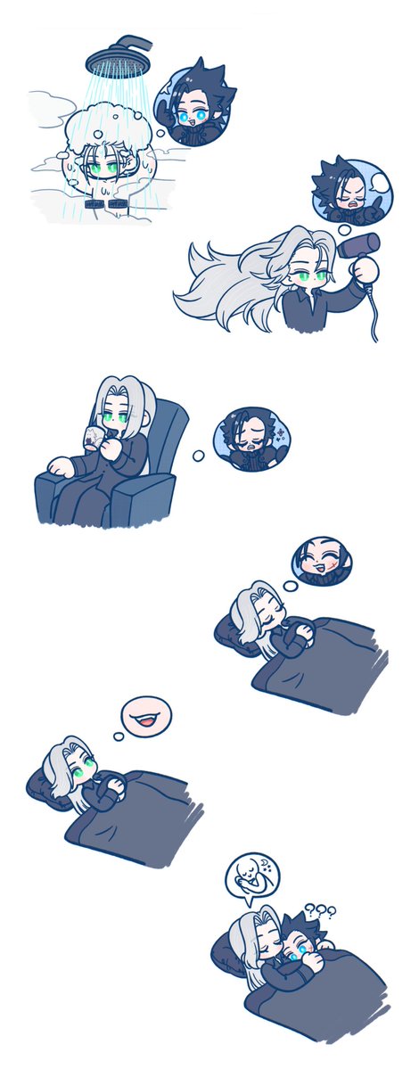 105zz, sephiroth, zack fair, final fantasy, final fantasy vii, 2boys, armor, bar censor, black gloves, black hair, black pants, black shirt, blue eyes, censored, chair, chibi, chibi only, collared shirt, cross scar, cup, drying, drying hair, facial scar, furrowed brow, gloves, green eyes, grey hair, hair dryer, hair slicked back, holding, holding cup, hug, image in thought bubble, long hair, male focus, multiple boys, multiple views, open mouth, pants, parted bangs, pauldrons, pillow, pointing, scar, scar on cheek, scar on face, shirt, shoulder armor, shower head, showering, sideburns, sleeping, slit pupils, smile, under covers, washing hair, white background, yaoi
