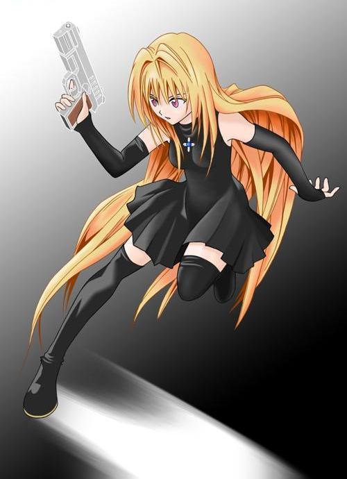eve (black cat), black cat (series), 00s, blonde hair, elbow gloves, gloves, gun, long hair, purple eyes, weapon
