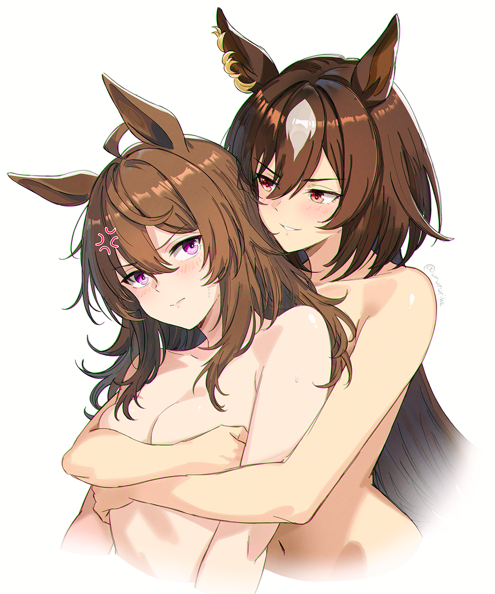 nakayama festa (umamusume), sirius symboli (umamusume), umamusume, commentary request, highres, 2girls, animal ears, artist name, breasts, brown hair, cleavage, completely nude, hair between eyes, horse ears, horse girl, hug, hug from behind, looking at another, medium breasts, multiple girls, navel, nude, purple eyes, urururike, v-shaped eyebrows, yellow eyes, yuri