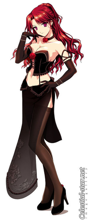 breasts, celestial-star.net, choker, cleavage, elbow gloves, gloves, hand on own hip, high heels, hip focus, lace, long hair, navel, red hair, shoes, thighhighs