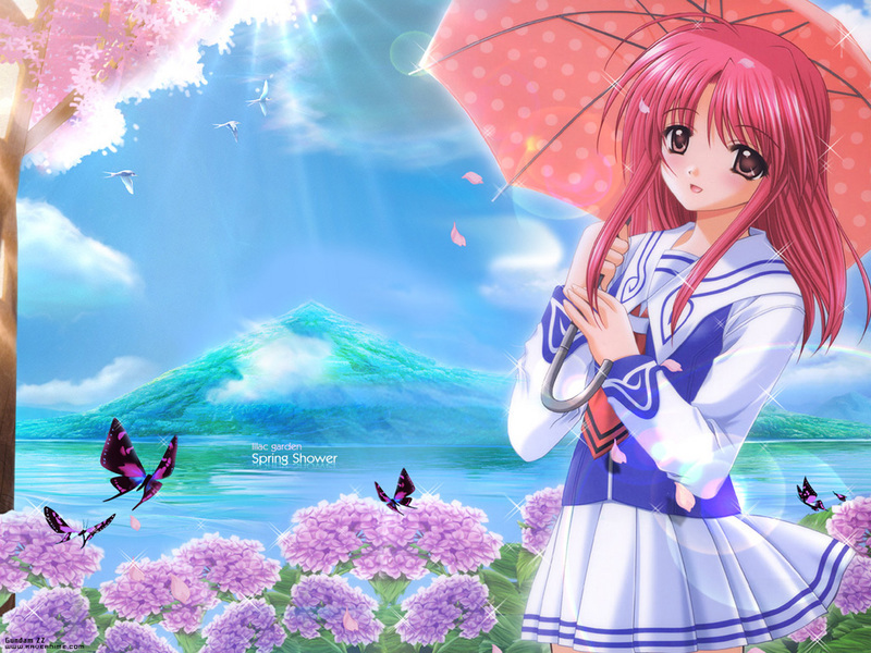 agatsuma mizuki, yumeria, 1girl, blush, brown eyes, bug, butterfly, cherry blossoms, female focus, flower, hydrangea, insect, long hair, red hair, scenery, solo, umbrella