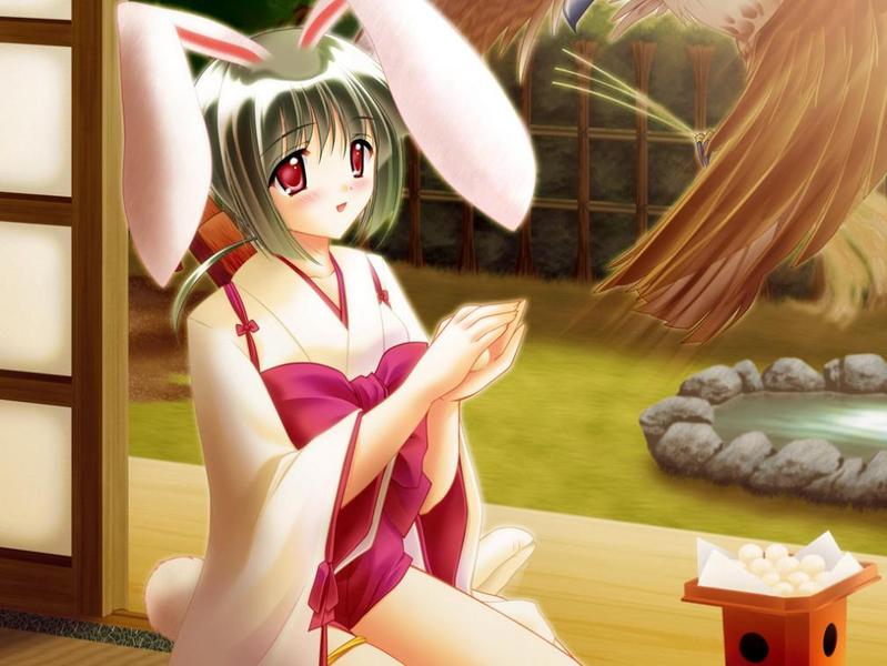 animal ears, blush, green hair, japanese clothes, kimono, kneeling, rabbit ears, red eyes, short hair, thighhighs
