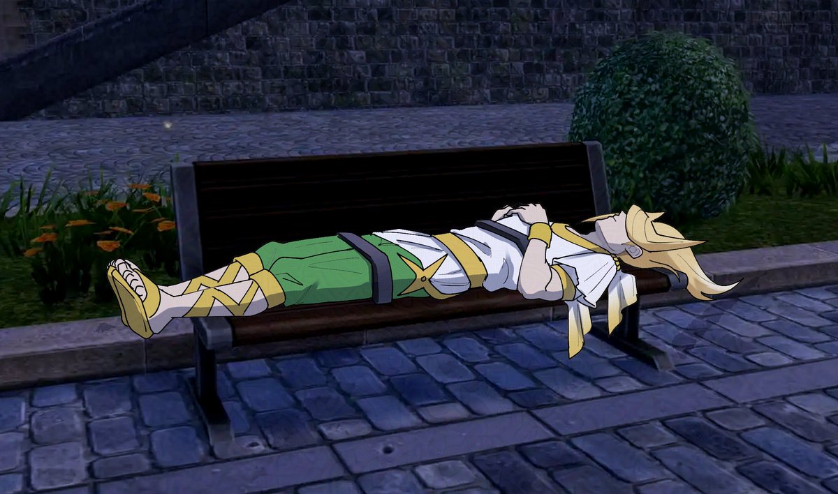 rhymewithray, volo (pokemon), nintendo, pokemon, pokemon legends: arceus, pokemon legends: z-a, commentary, english commentary, 1boy, belt, bench, blonde hair, bush, full body, game screenshot background, green pants, hair over one eye, hands on own stomach, hostile architecture, lying, male focus, night, on back, outdoors, pants, sandals, screenshot background, shirt, sleeping, solo, toes, white shirt, yellow belt
