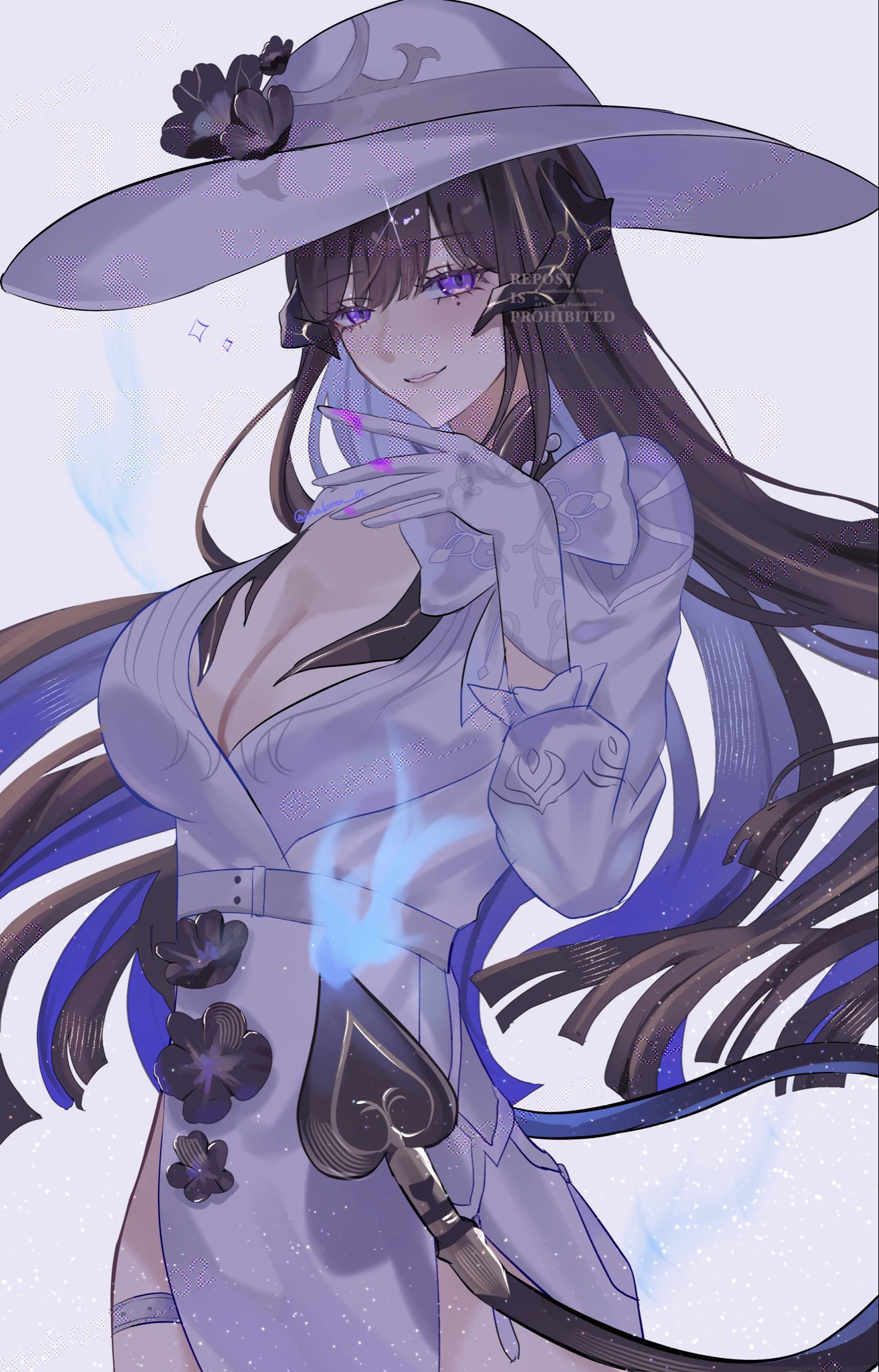 nukoxx 02, constance (honkai: star rail), honkai: star rail, honkai (series), highres, 1girl, belt, black flower, black hair, breasts, cleavage, cowboy shot, demon horns, dress, flower, gloves, hat, horns, large breasts, long hair, mole, mole under eye, puffy sleeves, purple eyes, sun hat, tail, thigh strap, very long hair, watermark, white dress