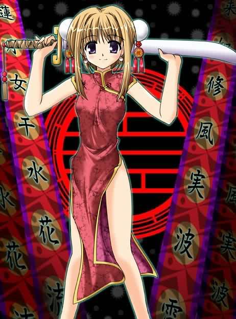 tagme, blonde hair, blush, china dress, chinese chignon, chinese clothes, dao (weapon), dress, long hair, purple eyes, smile, sword, weapon