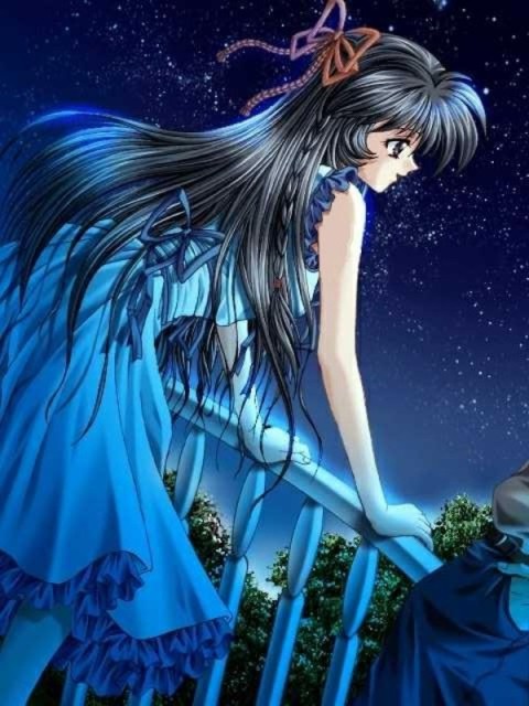 akira (artist), amamiya yumi (heroine), cherry soft, heroine (cherrysoft), game cg, 1girl, arm support, black eyes, black hair, blue dress, braid, dress, female focus, frills, hair ribbon, leaning forward, long hair, night, night sky, red ribbon, ribbon, sky, sleeveless, sleeveless dress, smile, solo, standing, star (sky), starry sky