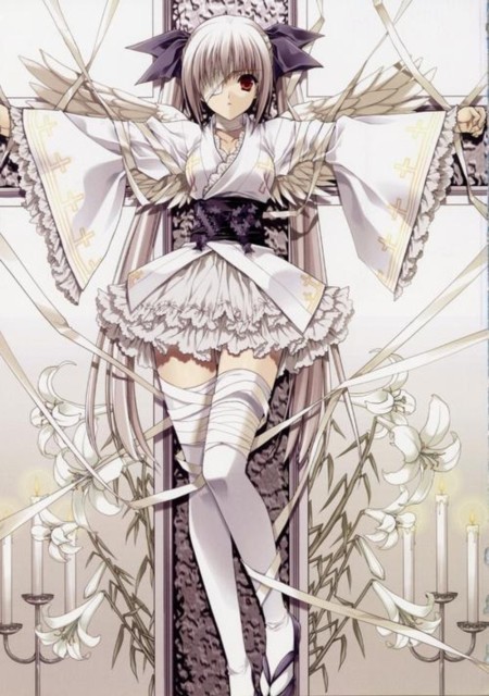 bandages, cross, eyepatch, frills, hair ribbon, ribbon, short hair, white hair, wings