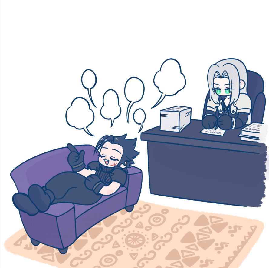 105zz, sephiroth, zack fair, final fantasy, final fantasy vii, 2boys, armor, black boots, black coat, black gloves, black hair, black pants, black shirt, blank speech bubble, boots, chain, chest strap, closed eyes, coat, couch, cross scar, crossed ankles, desk, facial scar, full body, gloves, green eyes, grey hair, hair slicked back, holding, holding pen, long hair, male focus, medium hair, multiple boys, open mouth, pants, paper stack, parted bangs, pauldrons, pen, reclining, rug, scar, scar on cheek, scar on face, shirt, shoulder armor, sideburns, sitting, sleeveless, sleeveless turtleneck, slit pupils, smile, speech bubble, suspenders, talking, turtleneck, white background, writing