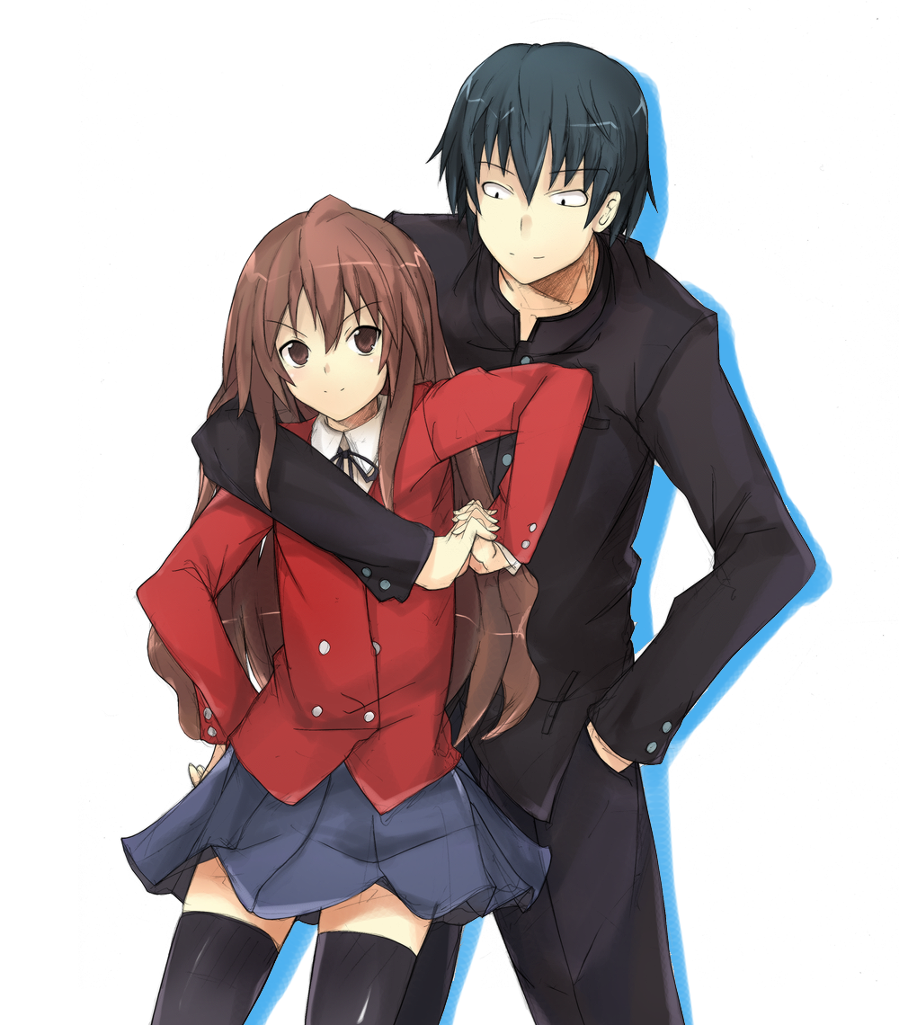 usugiri bacon, aisaka taiga, takasu ryuuji, toradora!, bad id, bad pixiv id, 00s, 1boy, 1girl, black hair, black thighhighs, brown eyes, brown hair, gakuran, interlocked fingers, long hair, long sleeves, looking at viewer, pants, school uniform, simple background, standing, thighhighs, very long hair, white background, zettai ryouiki