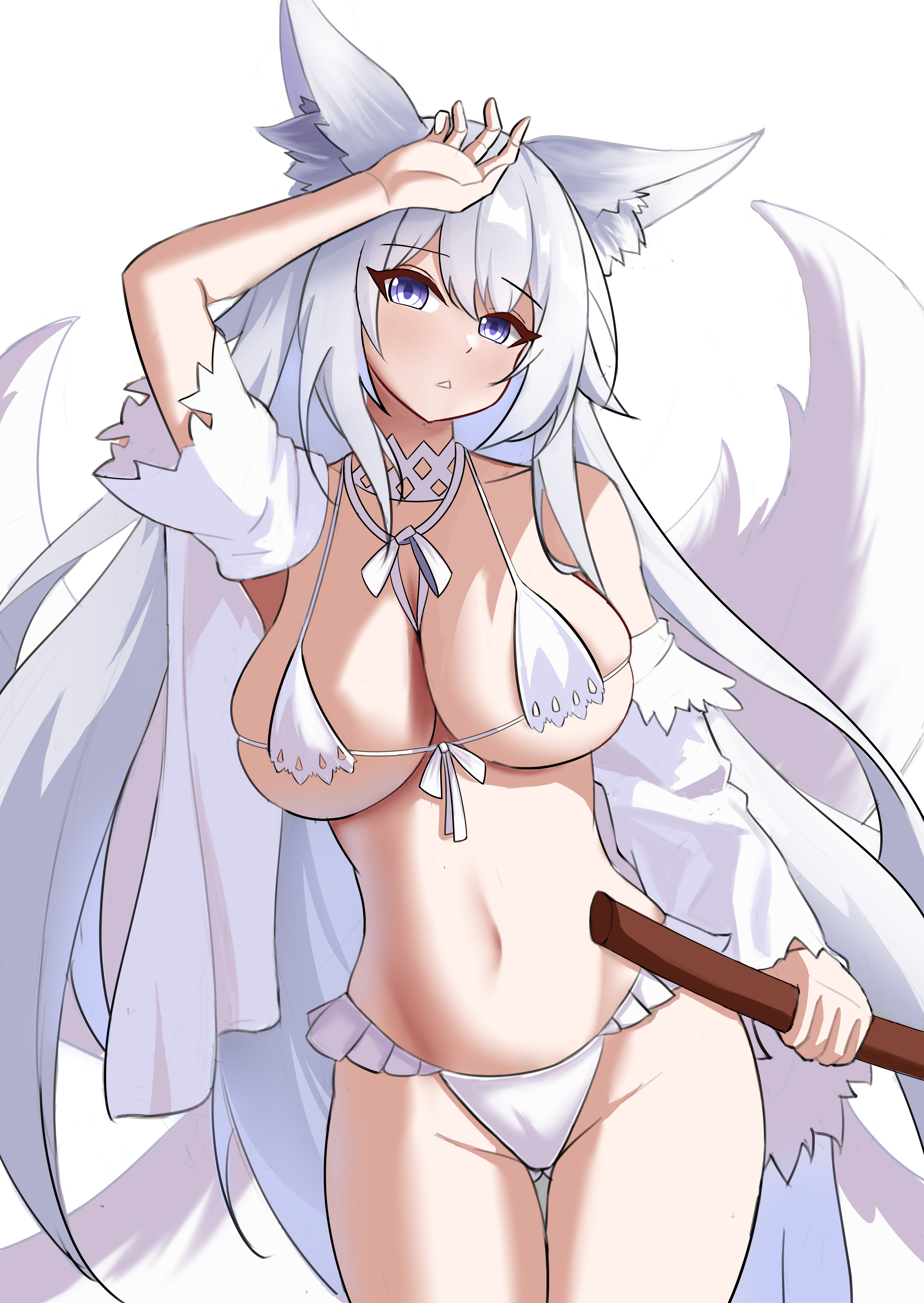suan latang, shinano (azur lane), shinano (dreamy white sands) (azur lane), azur lane, absurdres, commentary request, highres, 1girl, animal ear fluff, animal ears, bikini, breasts, cleavage, cowboy shot, fox ears, fox girl, fox tail, kitsune, kyuubi, large breasts, large tail, long hair, looking at viewer, multiple tails, navel, official alternate costume, purple eyes, simple background, skindentation, solo, swimsuit, tail, very long hair, white background, white bikini, white hair, white tail