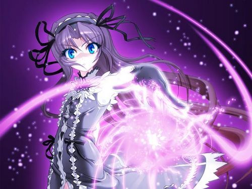 lowres, blue eyes, frills, hair ribbon, lace, long hair, purple hair, ribbon, spells