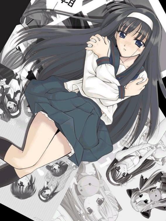 black legwear, black eyes, black hair, blush, hairband, long hair, lying, school uniform, skirt, thighhighs
