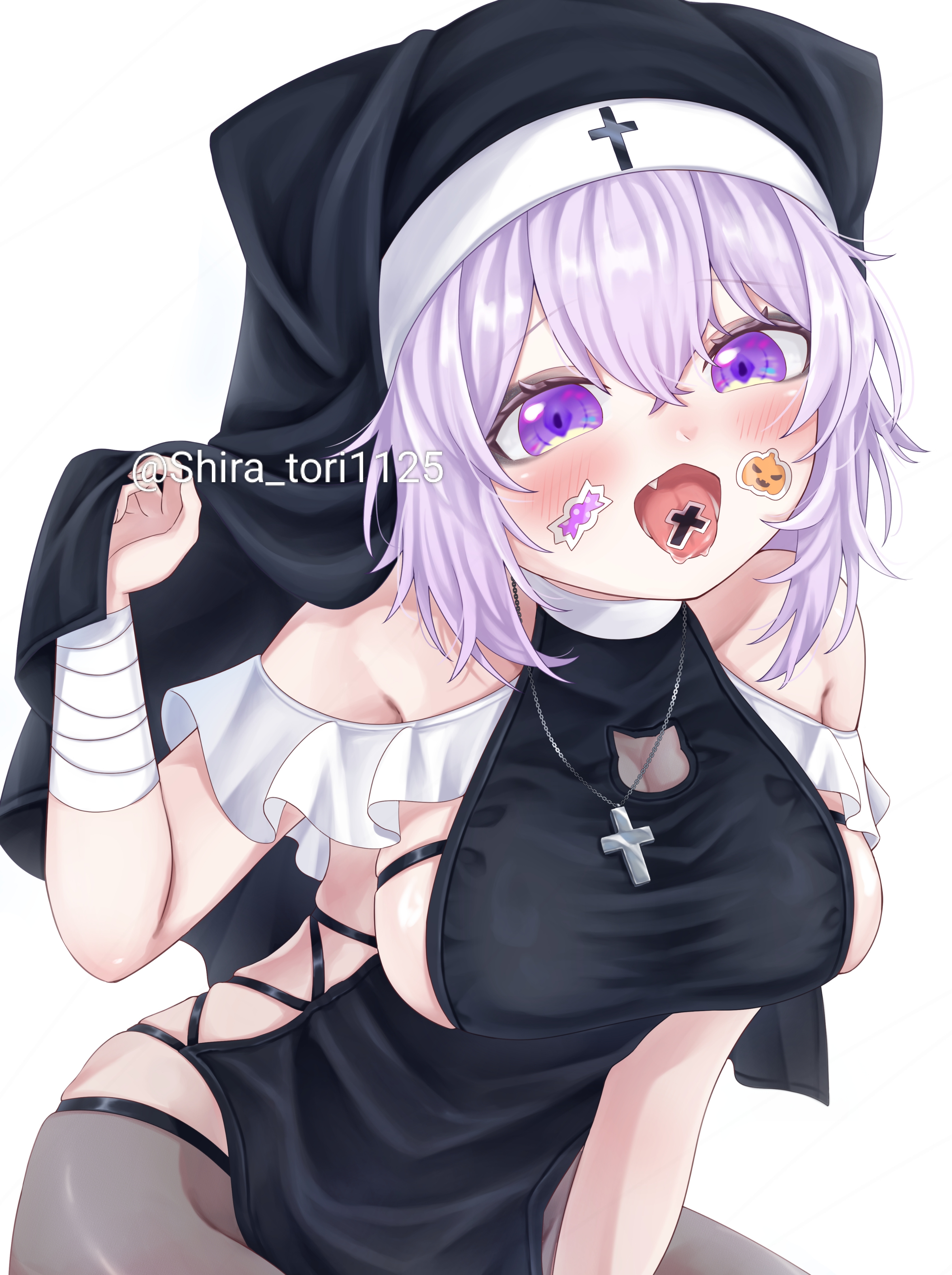 nekomata okayu, hololive, absurdres, highres, 1girl, alternate costume, animal ears, black dress, black hat, black thighhighs, blush, breasts, cat ears, cat girl, cross, cross necklace, dress, fang, hat, jewelry, large breasts, looking at viewer, necklace, nun, open mouth, purple eyes, purple hair, shiratori (atfs8447), solo, sticker, sticker on face, thighhighs, virtual youtuber, white background