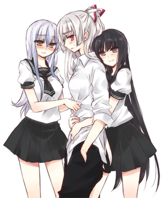 yatosaki haru, fujiwara no mokou, houraisan kaguya, kamishirasawa keine, touhou, silver hair, bad id, bad pixiv id, 3girls, alternate costume, black hair, blush, bow, brown eyes, contemporary, female focus, hair bow, hair ribbon, hands in pockets, hug, legs, long hair, looking back, multiple girls, pants, red eyes, ribbon, school uniform, serafuku, shirt, skirt, sleeves rolled up, smile, sweatdrop, white shirt, yellow eyes, yuri