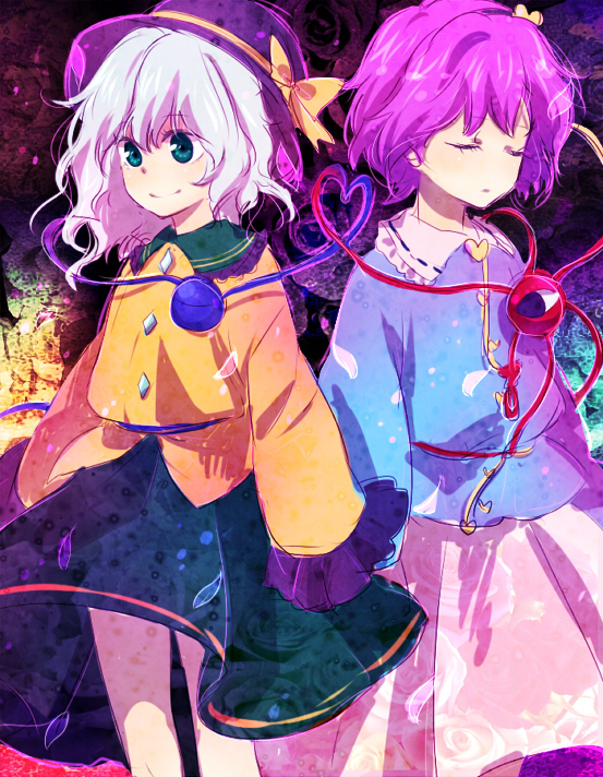 machiko (beard), komeiji koishi, komeiji satori, touhou, bad id, bad pixiv id, 2girls, closed eyes, female focus, green eyes, hat, multiple girls, ribbon, short hair, siblings, sisters