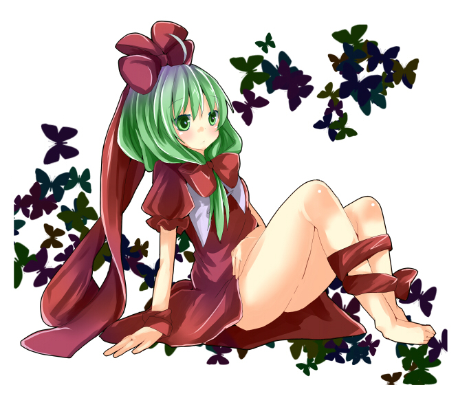 yuita, yuitadesuyo (pixiv), kagiyama hina, touhou, bad id, bad pixiv id, 1girl, barefoot, blush, female focus, front ponytail, green eyes, green hair, legs, matching hair/eyes, ribbon, solo